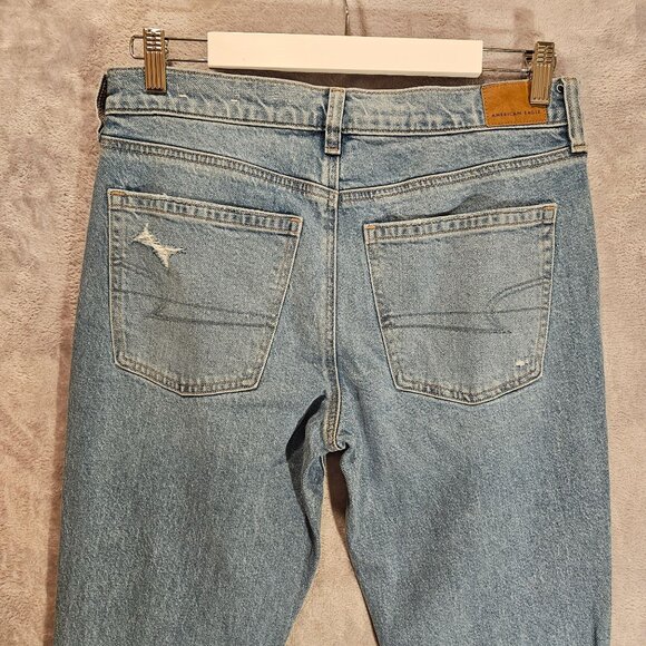 New American Eagle Jeans Womens 8 distressed Flare Leg 2 color hem Stretch Logo - Picture 3 of 16